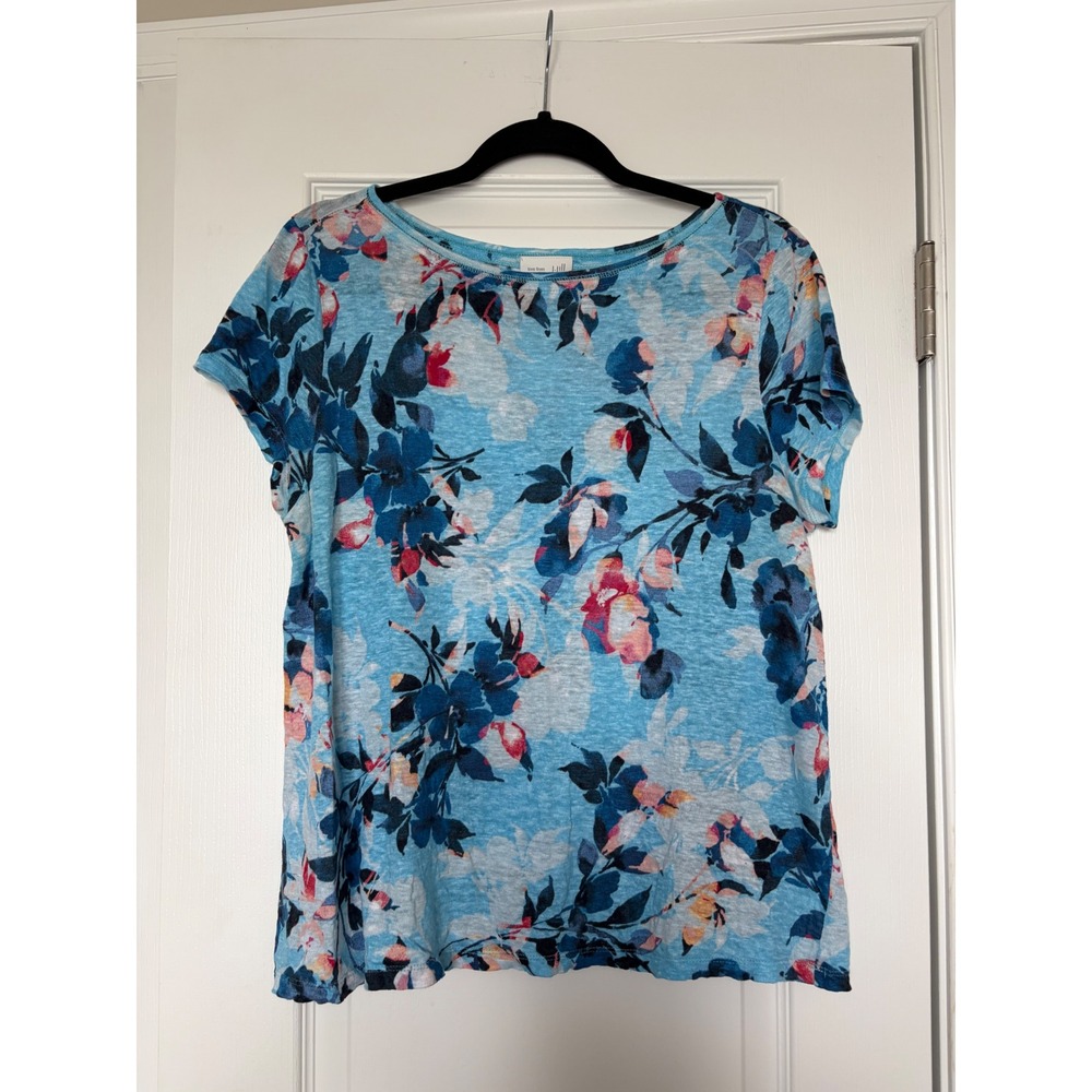 J.Jill Love Linen Floral Print Short Sleeve Knit Top Blue Medium 100% Linen